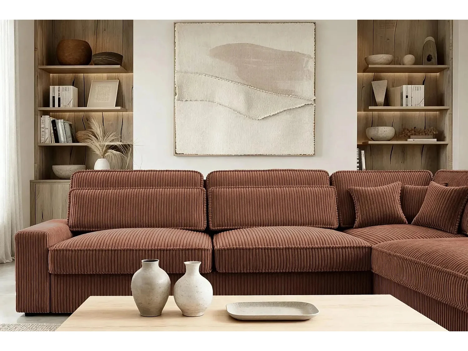 MILAN L - 5-zits corduroy hoekbank - Recht - Terracotta