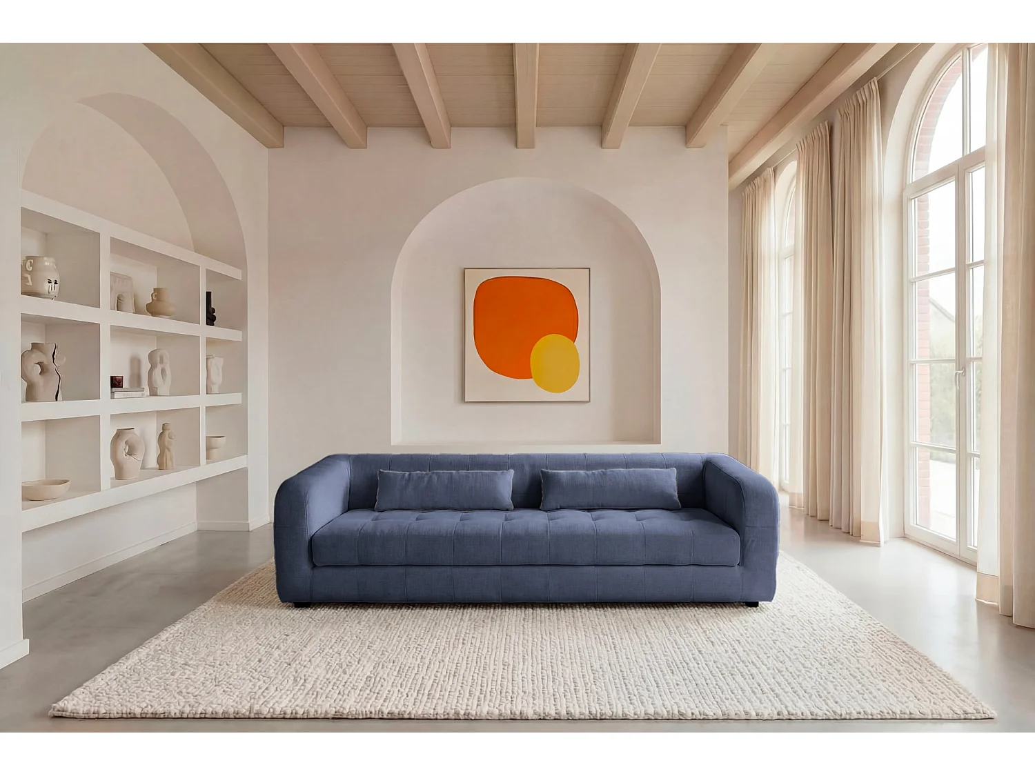ARLETTE - 4-zits rechte bank in chenille stof - Blauw