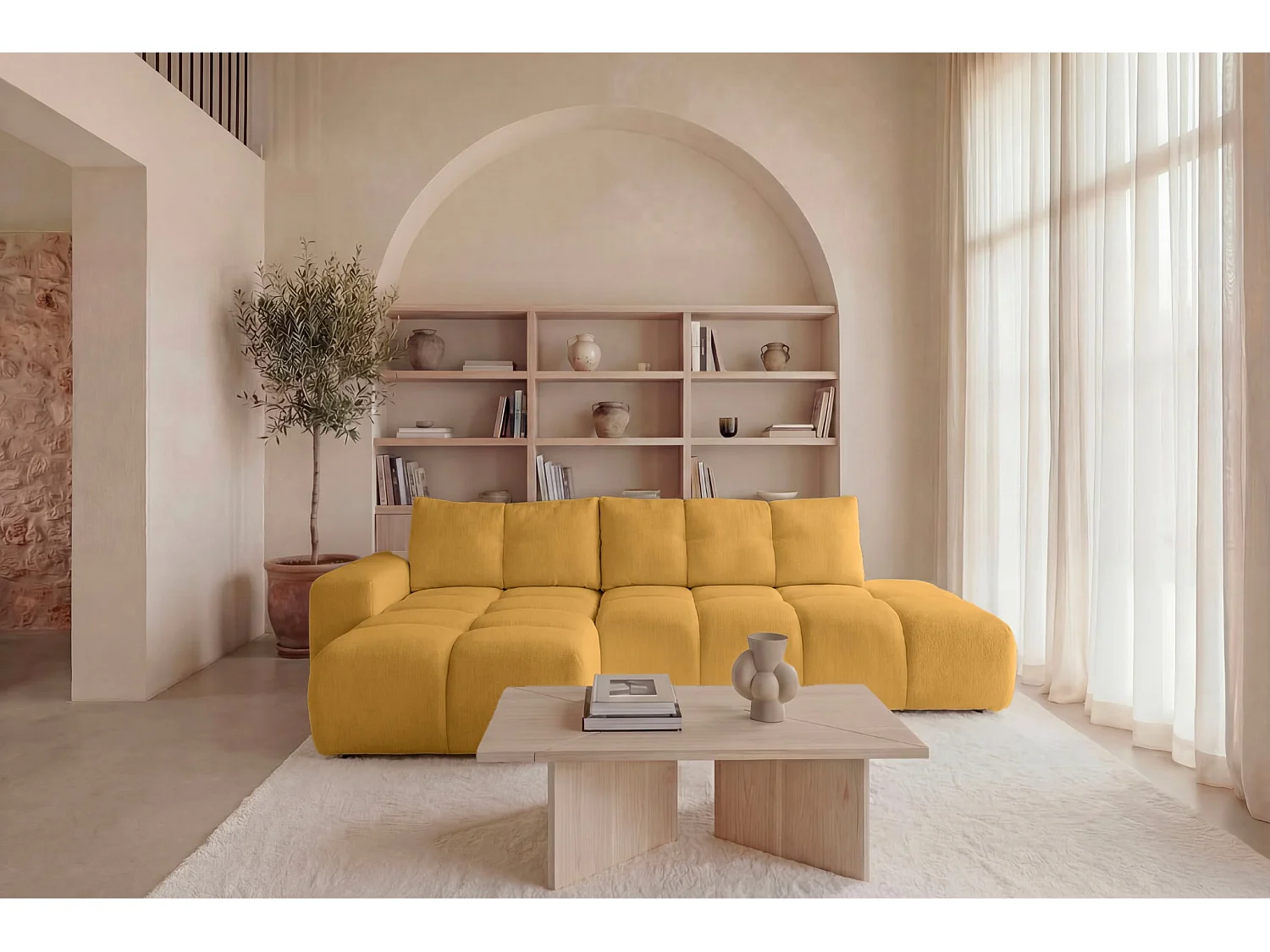 CONSTANCE - 4-zits hoekbank in chenille stof - Mustard