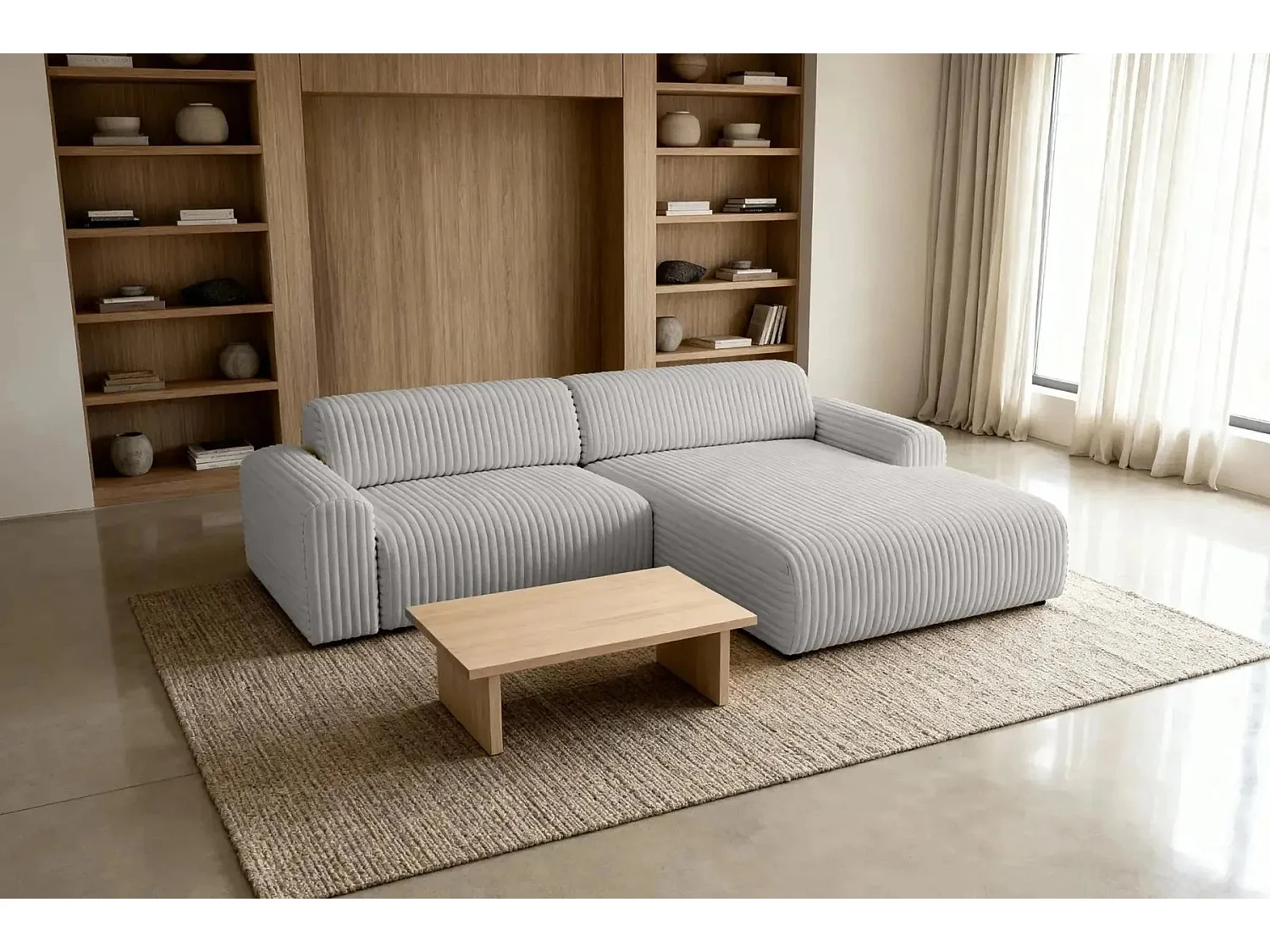 MILA - Canapé d'angle velours côtelé 3 places Gris clair Droit