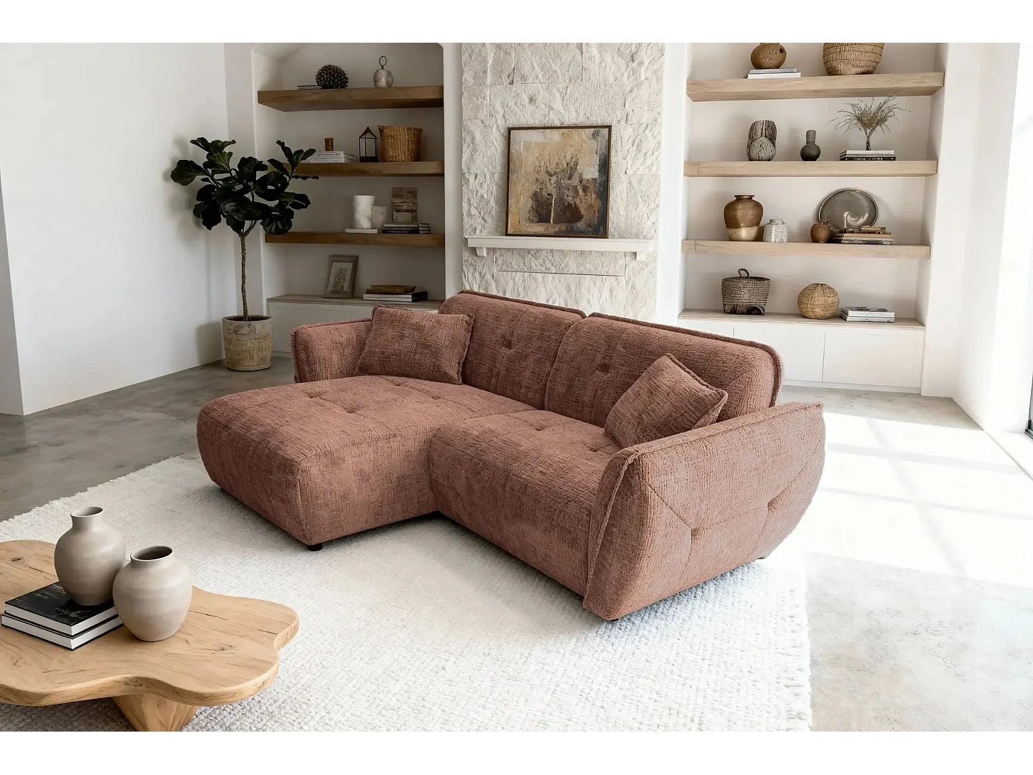 MONA - 4-zits hoekbank in chenille stof - Recht - Terracotta