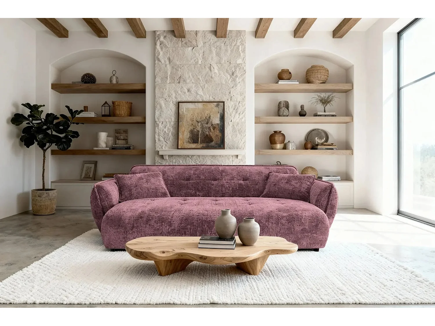 MONA - Canapé droit tissu chenille 3 places Bordeaux
