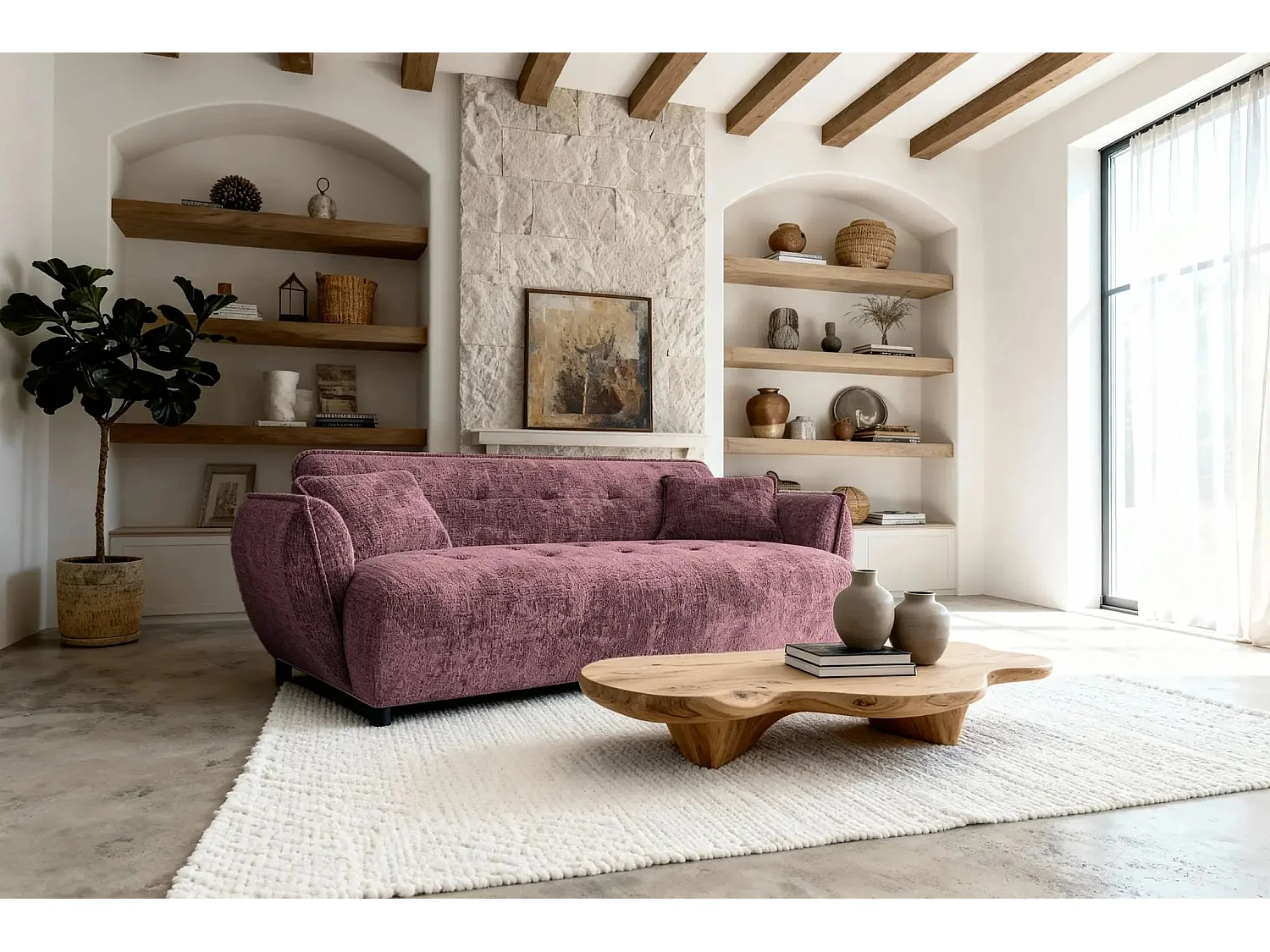 MONA - Canapé droit tissu chenille 3 places Bordeaux