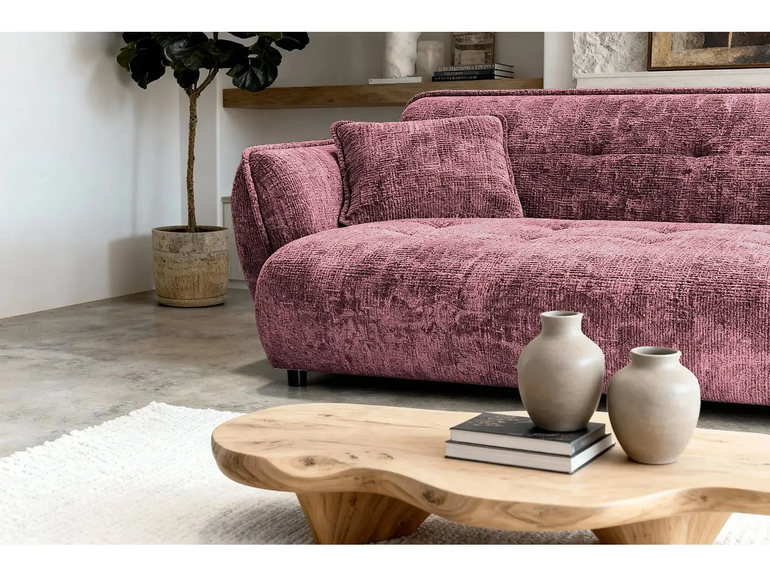 MONA - Canapé droit tissu chenille 3 places Bordeaux