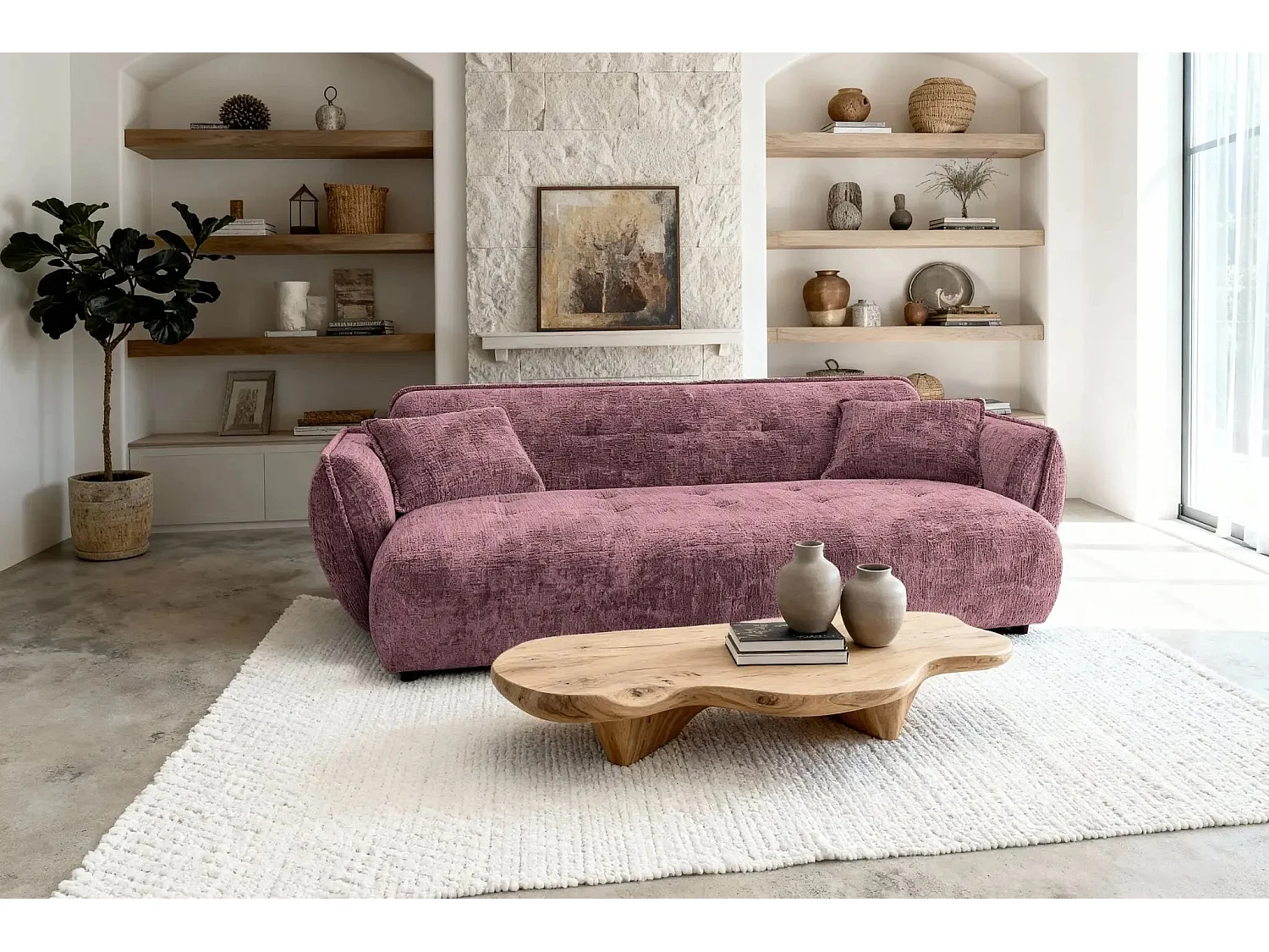 MONA - Canapé droit tissu chenille 3 places Bordeaux