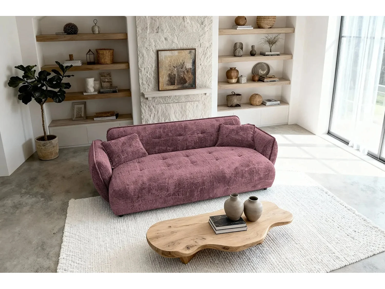 MONA - Canapé droit tissu chenille 3 places Bordeaux