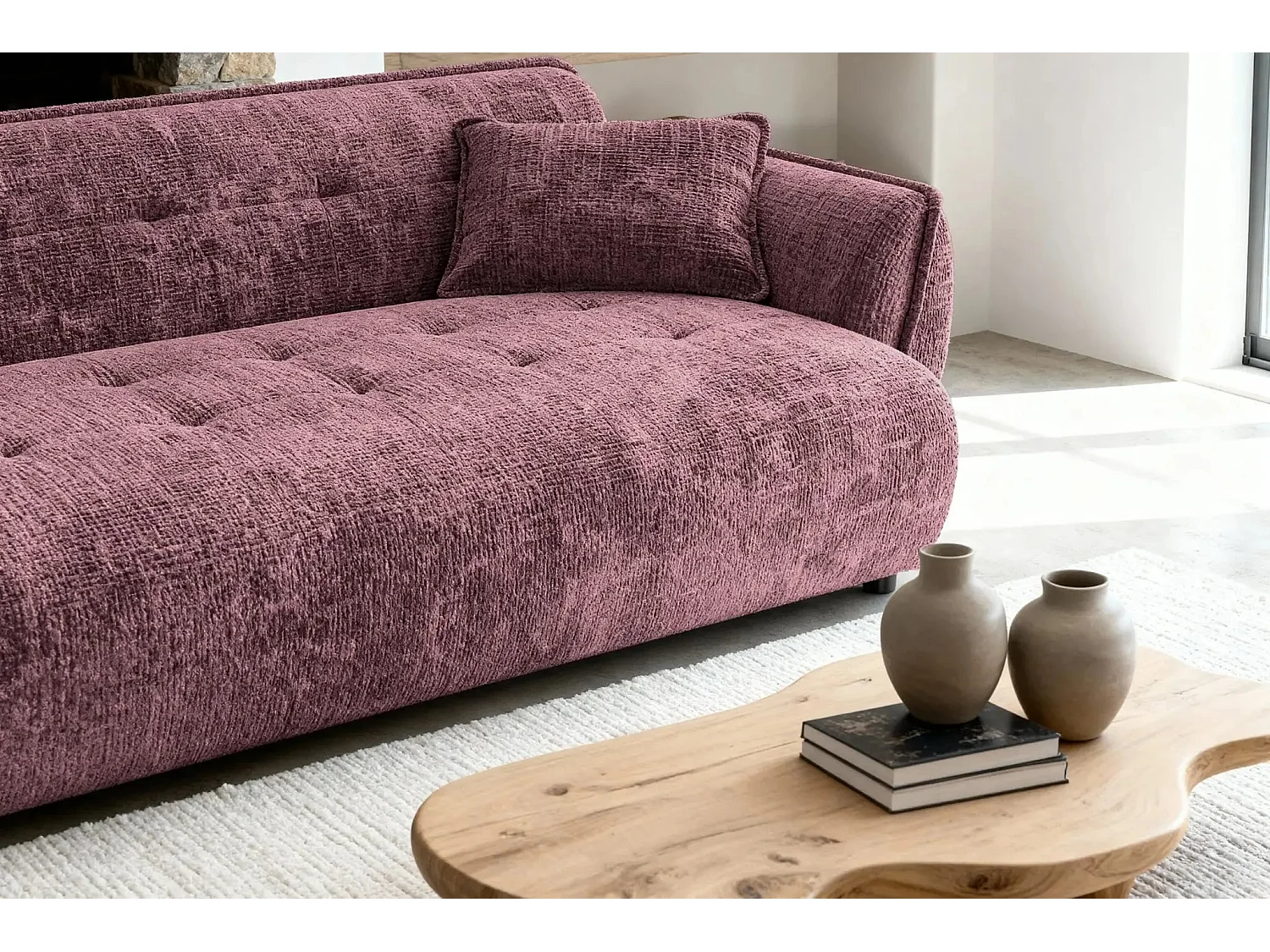 MONA - Canapé droit tissu chenille 3 places Bordeaux