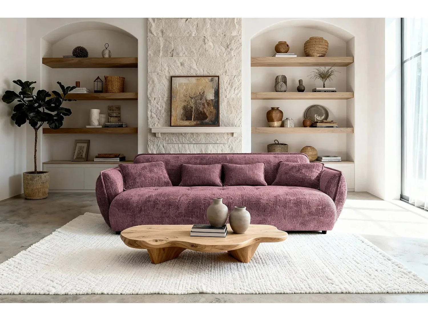 MONA - Canapé droit tissu chenille 3 places Bordeaux