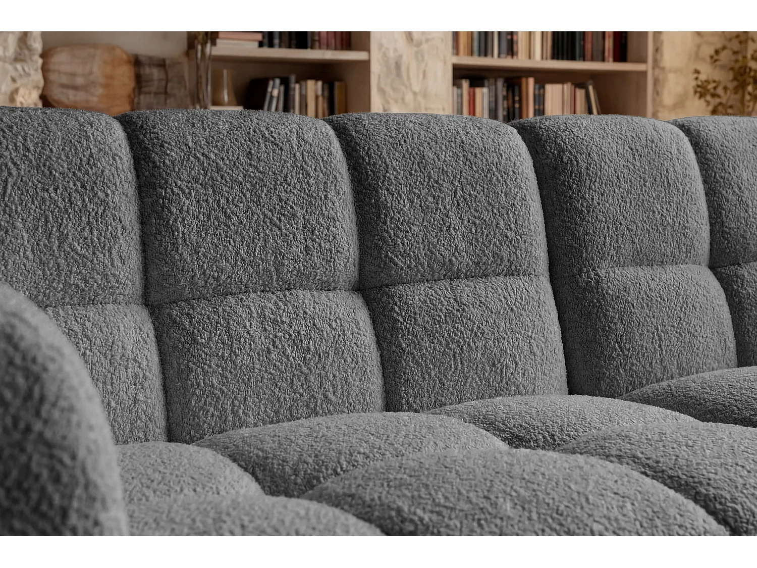 ALEXIA MINI - Canapé d'angle tissu bouclette 3 places Gris foncé Droit