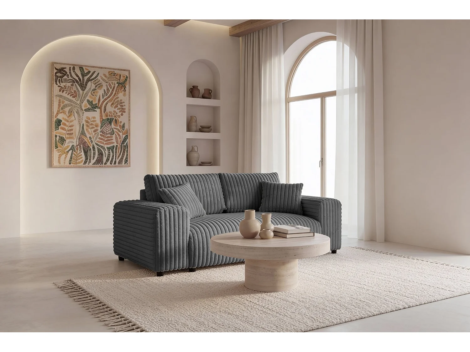 CAISA - Canapé droit velours côtelé 2 places Gris foncé