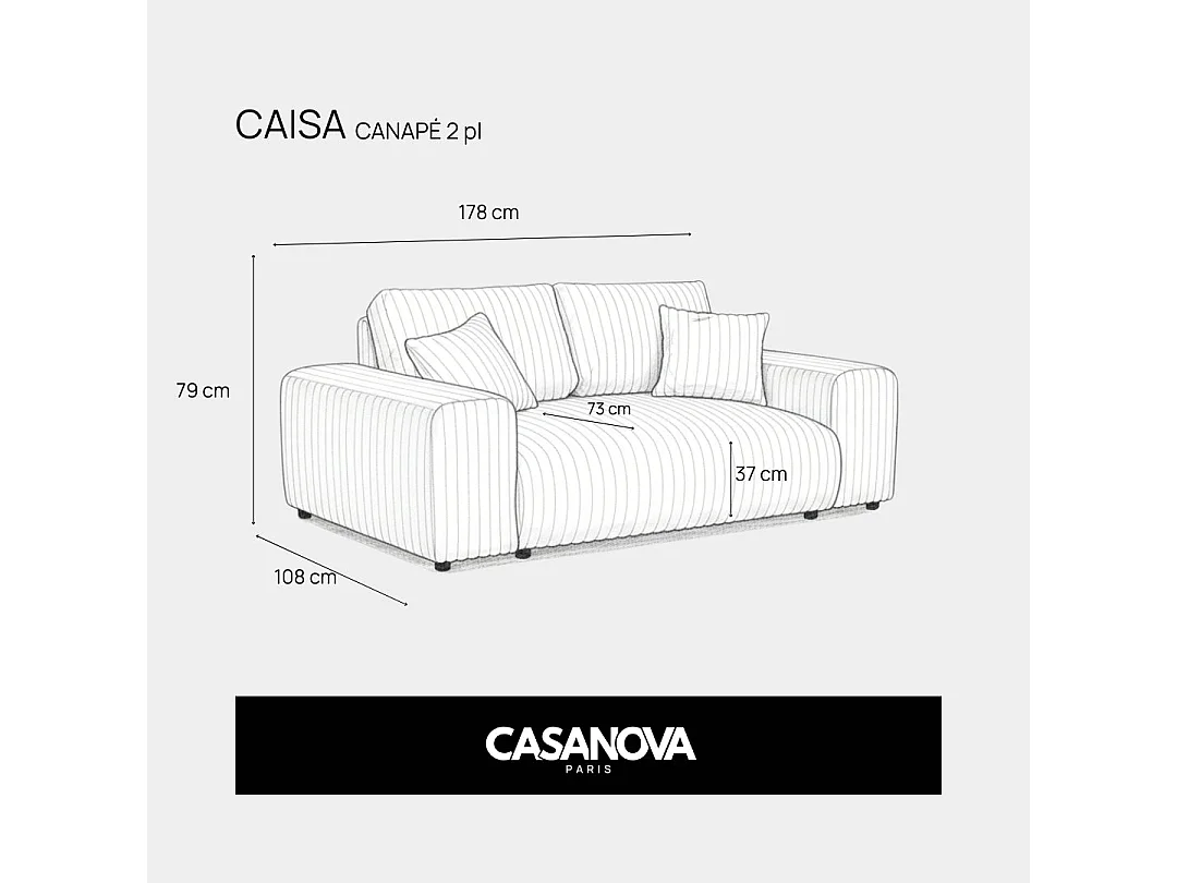 CAISA - Canapé droit velours côtelé 2 places Gris clair