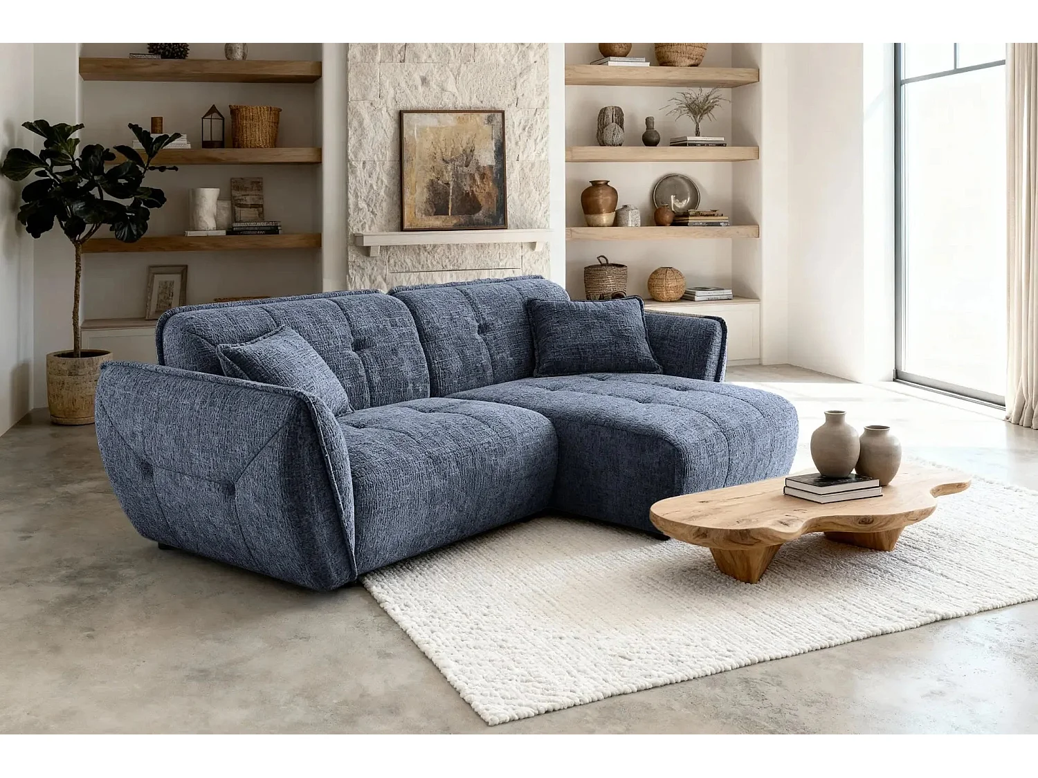 MONA - 4-zits hoekbank in chenille stof - Rechts - Blauw