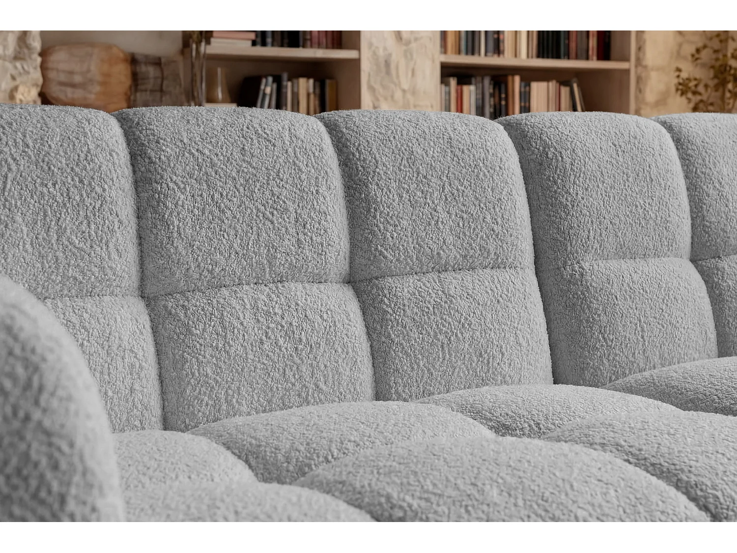 ALEXIA MINI - Canapé d'angle tissu bouclette 3 places Gris clair Droit