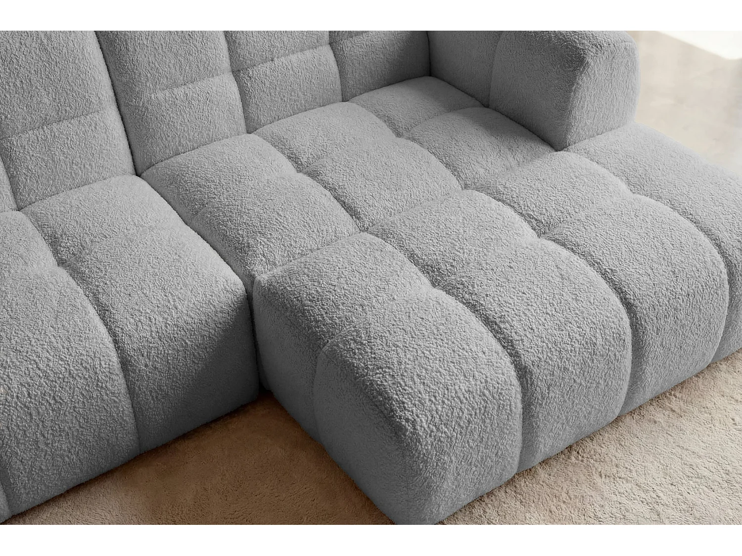 ALEXIA MINI - Canapé d'angle tissu bouclette 3 places Gris clair Droit