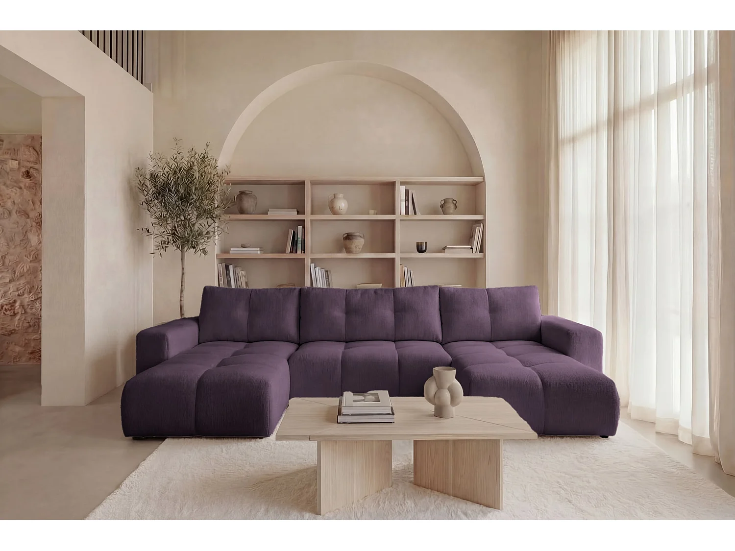 CONSTANCE - 5-zits panoramische slaapbank in chenille stof - Mauve