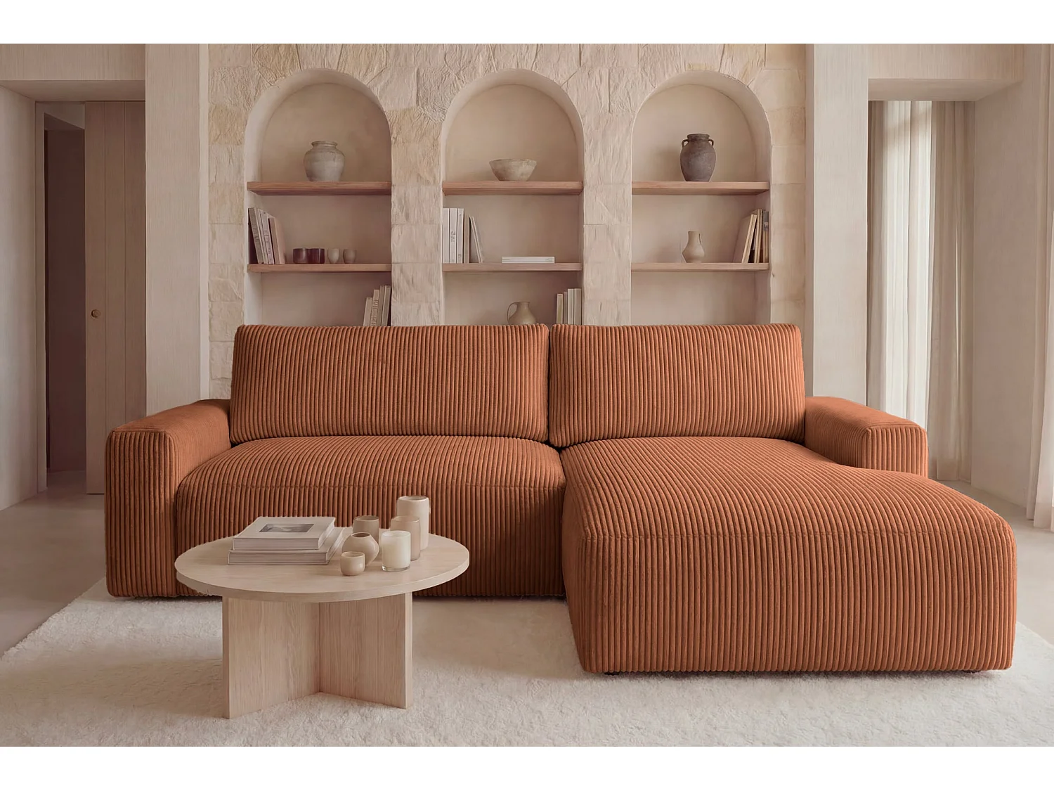 OLYMPE - 4 zits kleine corduroy hoekbank - Terracotta