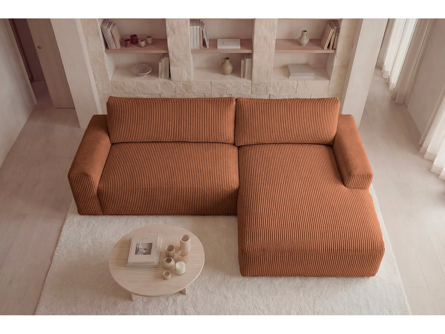 OLYMPE - 4 zits kleine corduroy hoekbank - Terracotta