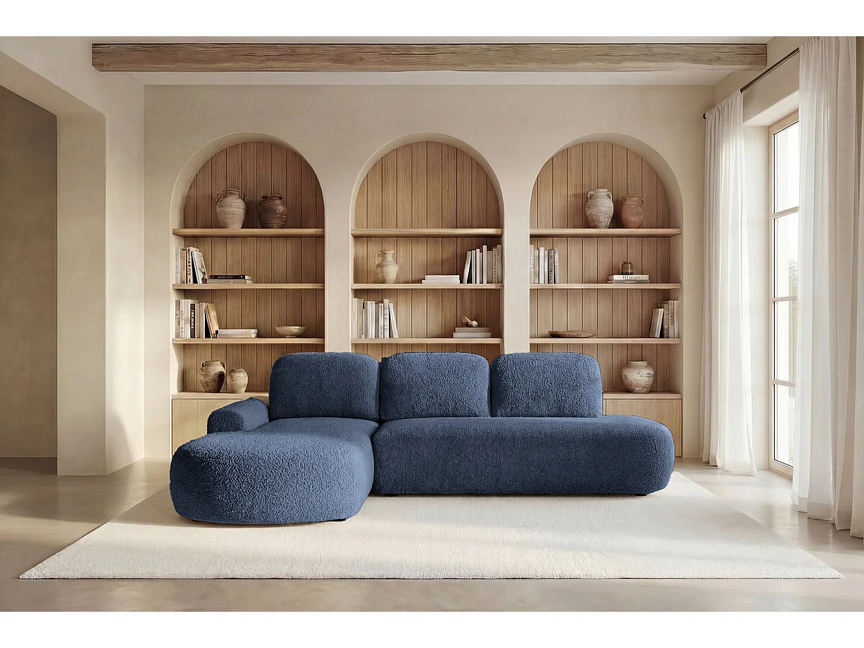 COLIN - Canapé d'angle tissu texturé 3 places Bleu Gauche