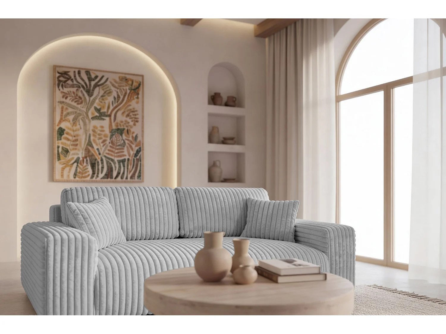 CAISA - Canapé droit velours côtelé 3 places Gris clair