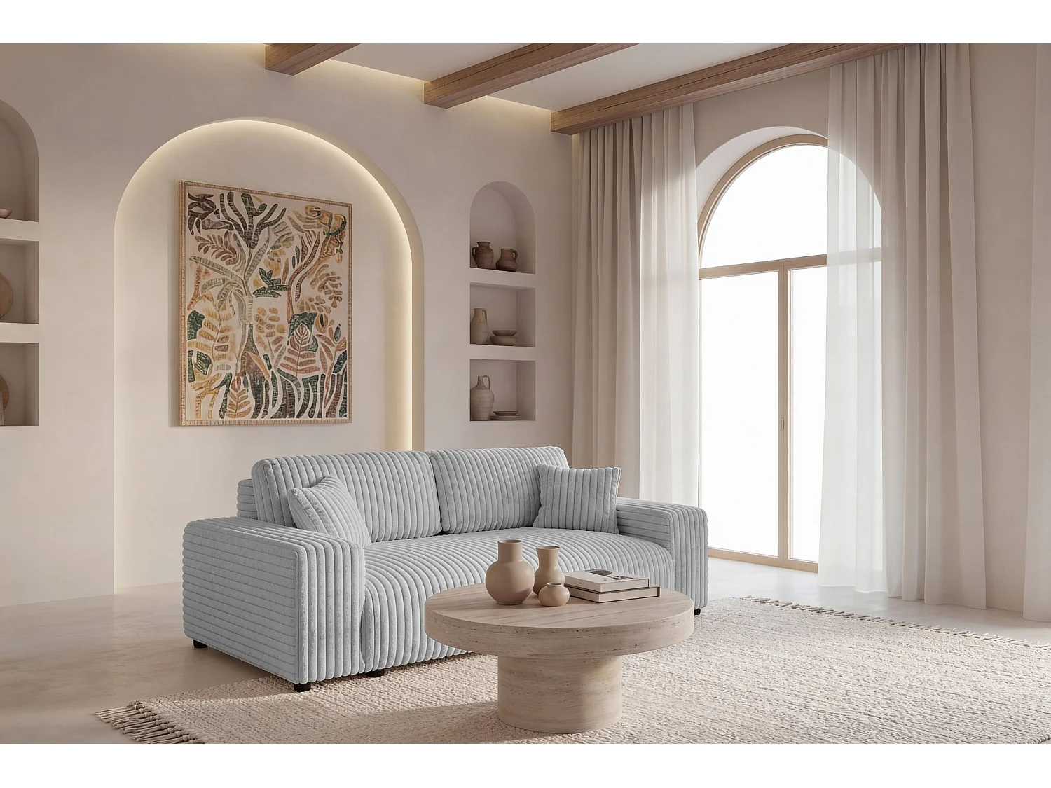 CAISA - Canapé droit velours côtelé 3 places Gris clair
