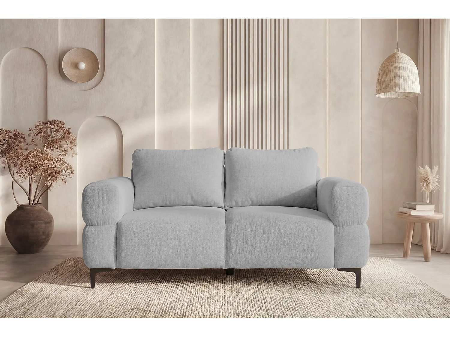 ELTON - Canapé droit tissu lisse 2 places Gris clair