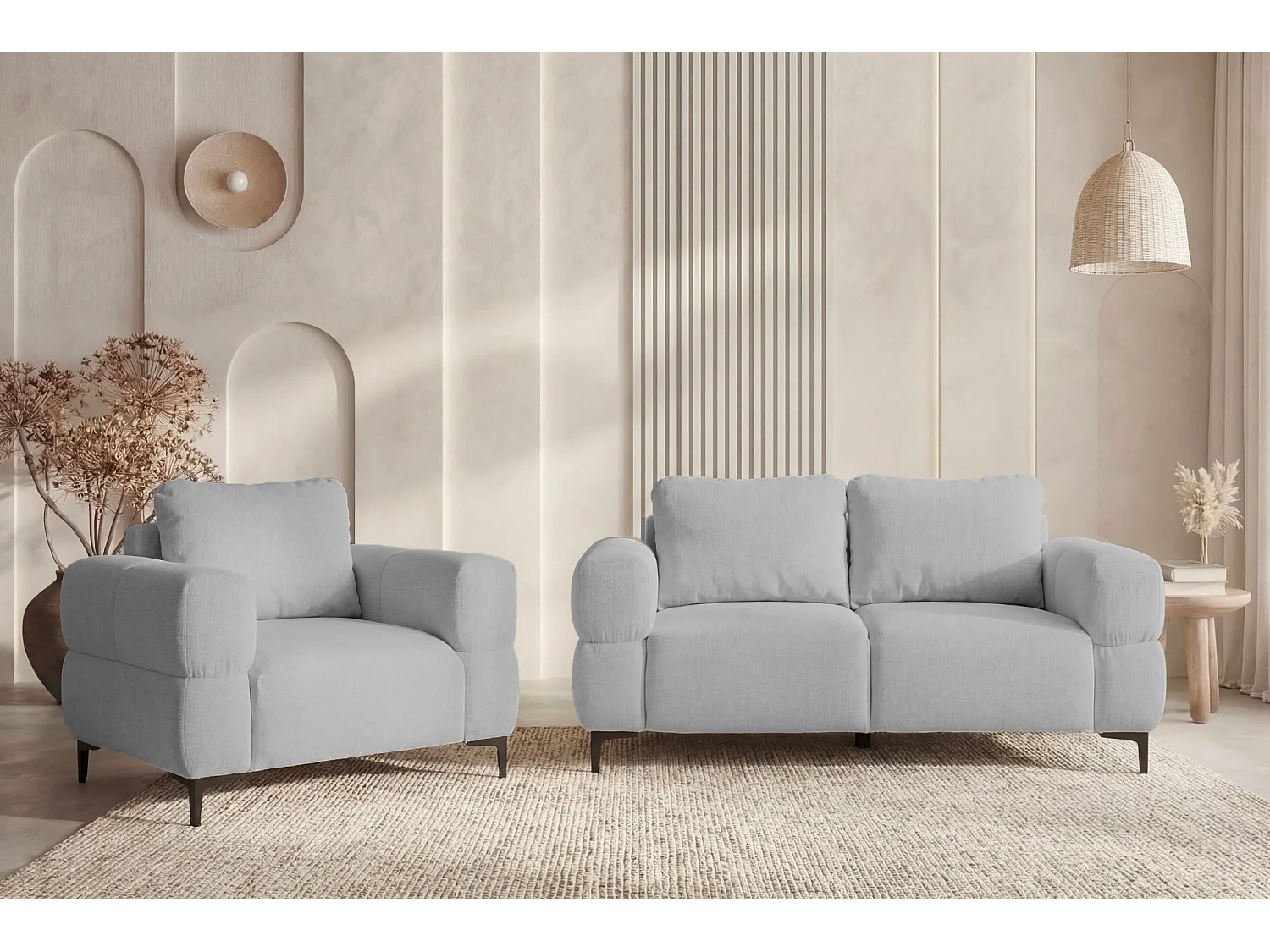 ELTON - Canapé droit tissu lisse 2 places Gris clair