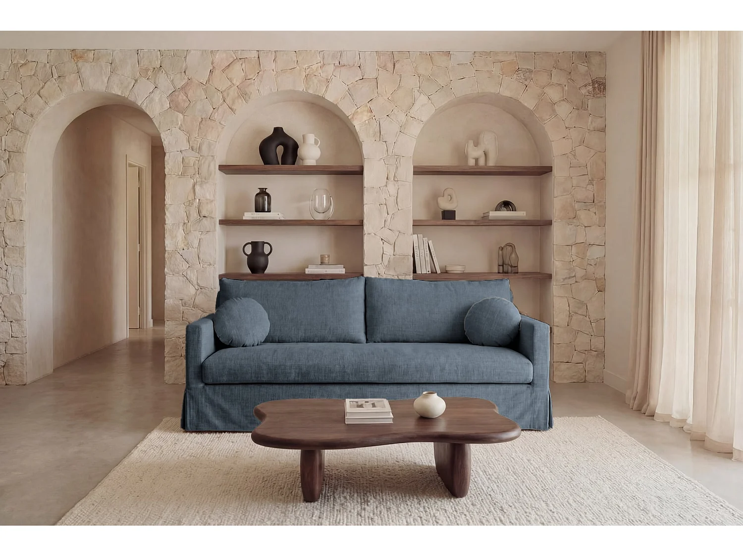 LEONIE - Canapé droit tissu chenille déhoussable 3 places Bleu