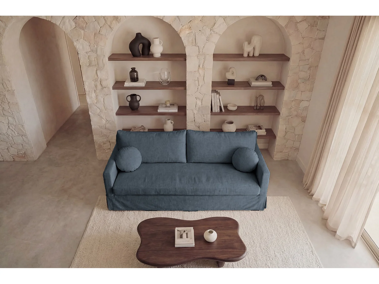 LEONIE - Canapé droit tissu chenille déhoussable 3 places Bleu