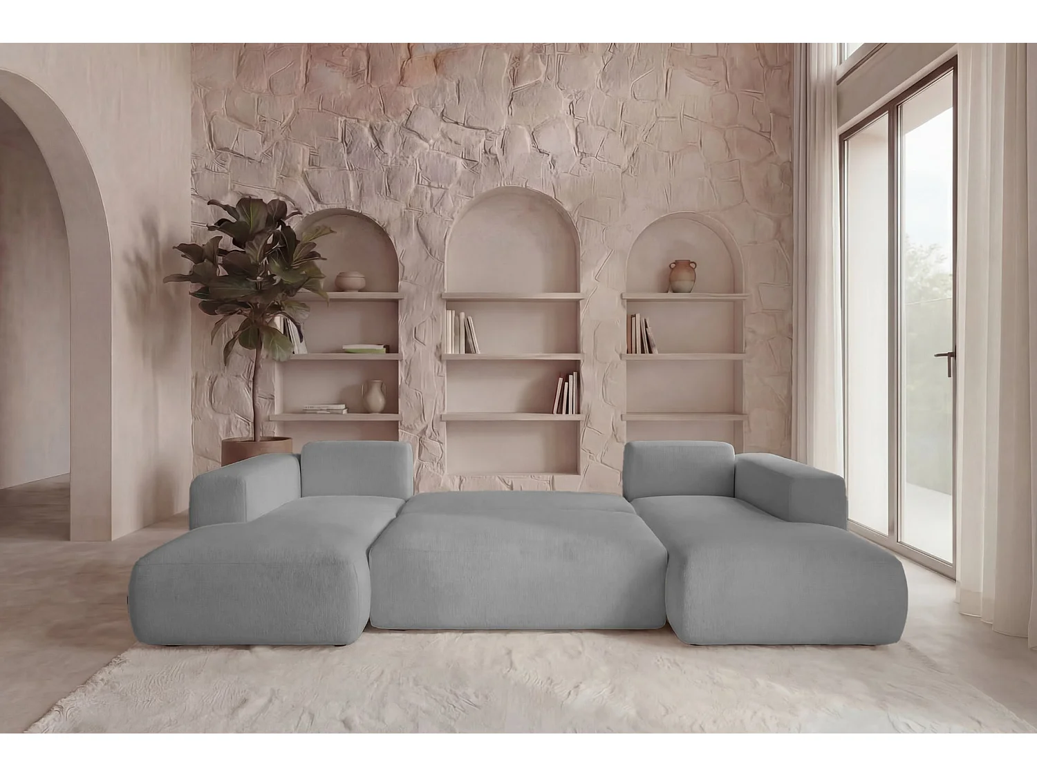 ARIEL - Canapé panoramique tissu bouclette 5 places Gris clair