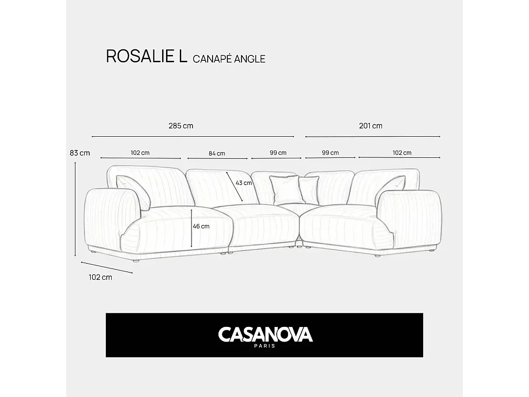 ROSALIE L - Canapé angle modulable petit velours côtelé 4 places Gris clair Droit