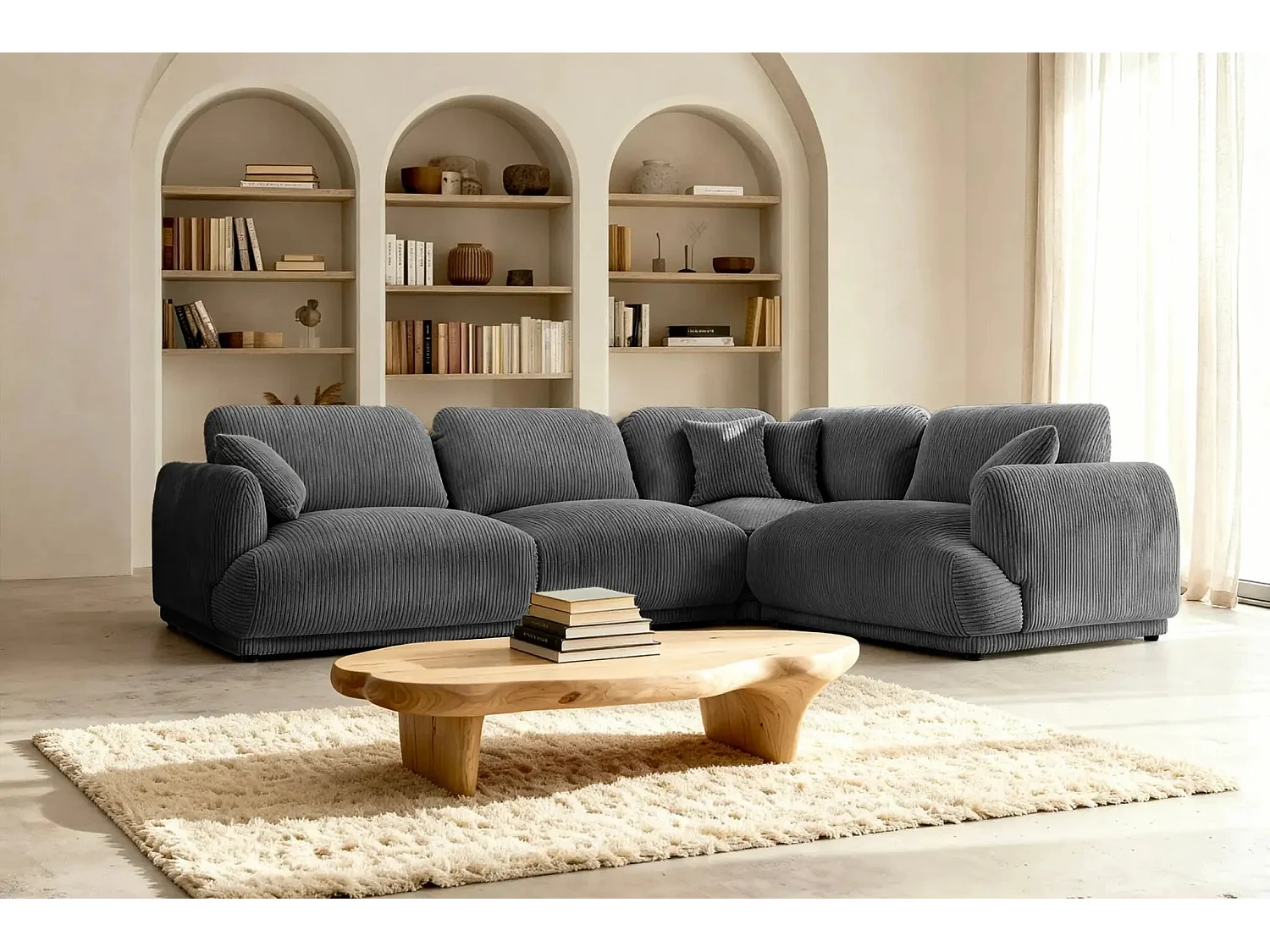 ROSALIE L - Canapé angle modulable petit velours côtelé 4 places Gris clair Droit