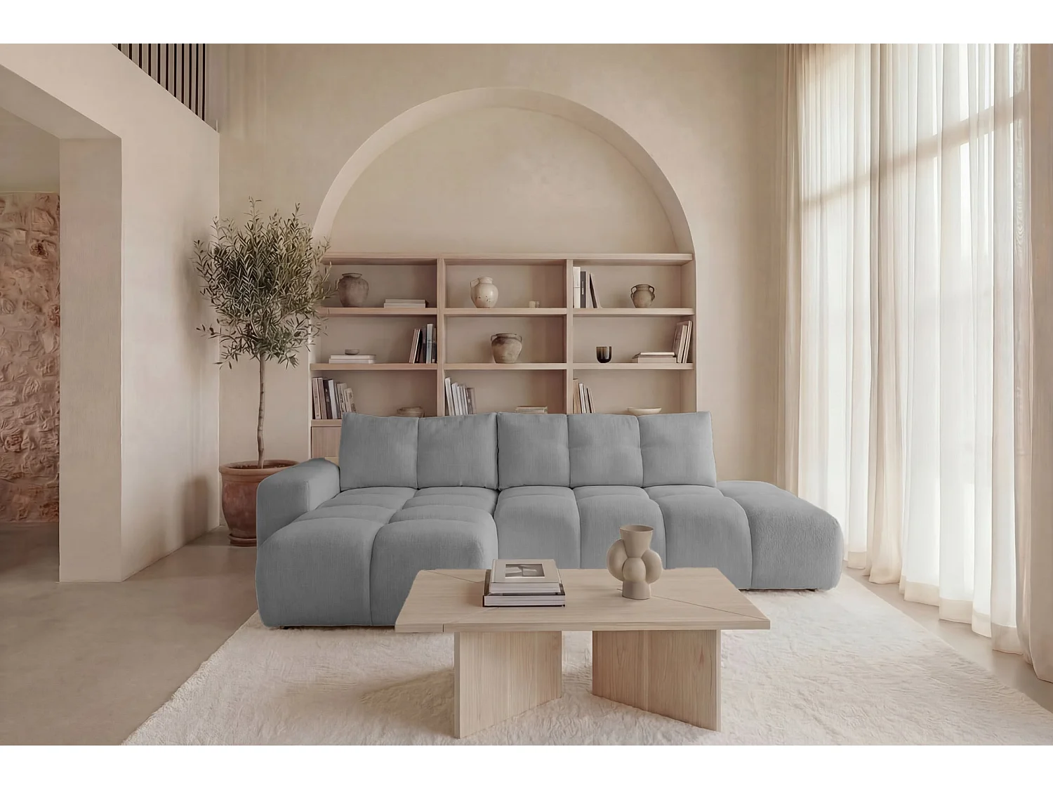 CONSTANCE - Canapé d'angle tissu chenille 4 places Gris clair Gauche