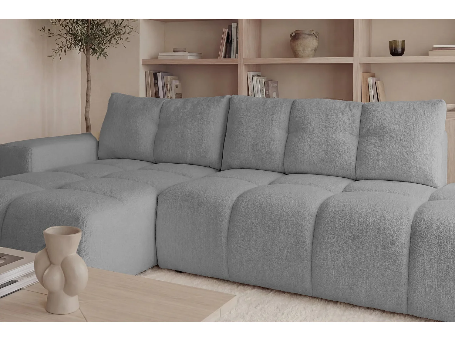 CONSTANCE - Canapé d'angle tissu chenille 4 places Gris clair Gauche