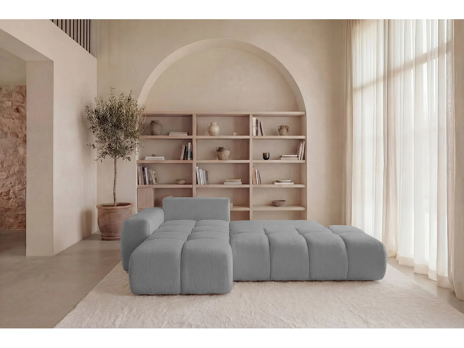 CONSTANCE - Canapé d'angle tissu chenille 4 places Gris clair Gauche