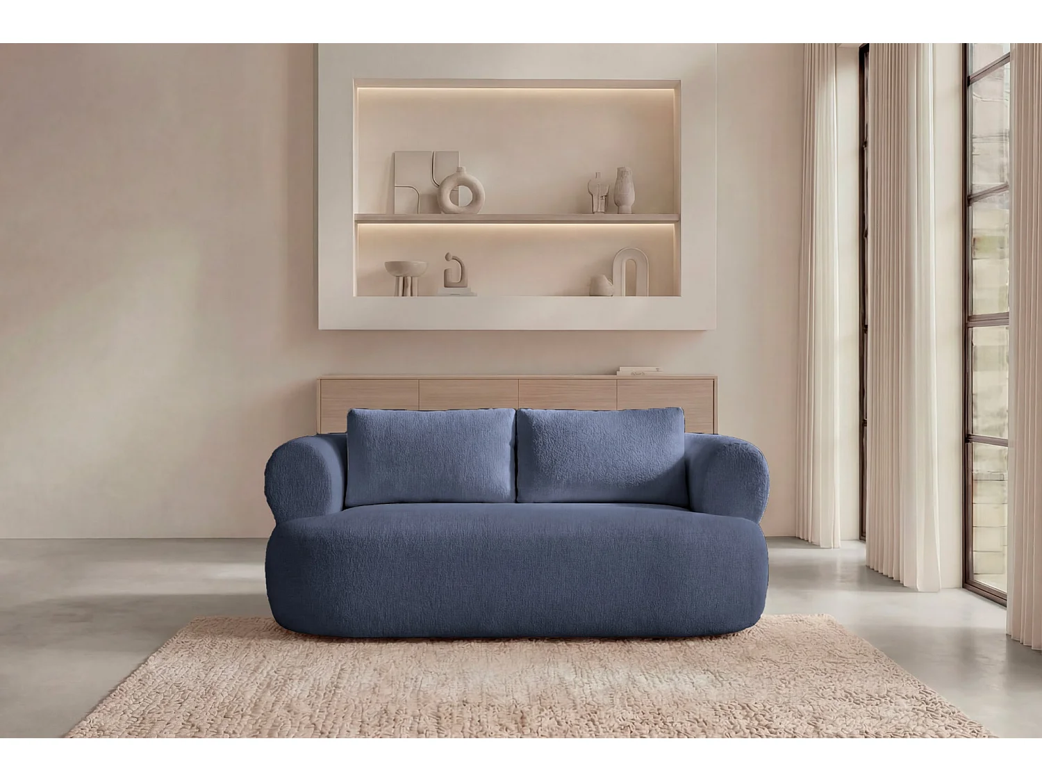 ELLY - 2 zits rechte bank in chenille stof - Blauw