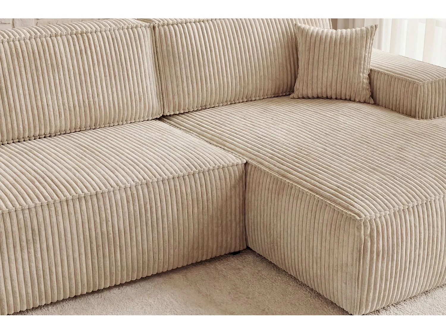 LARIA - Canapé d'angle gros velours côtelé 4 places Beige Droit