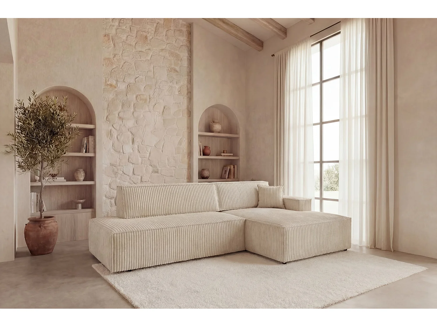 LARIA - Canapé d'angle gros velours côtelé 4 places Beige Droit