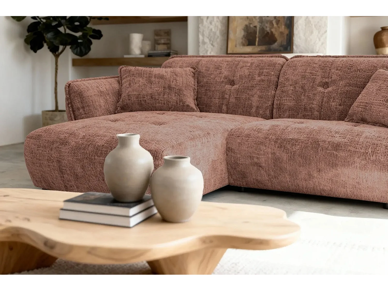 MONA - 4-zits hoekbank in chenille stof - Links - Terracotta