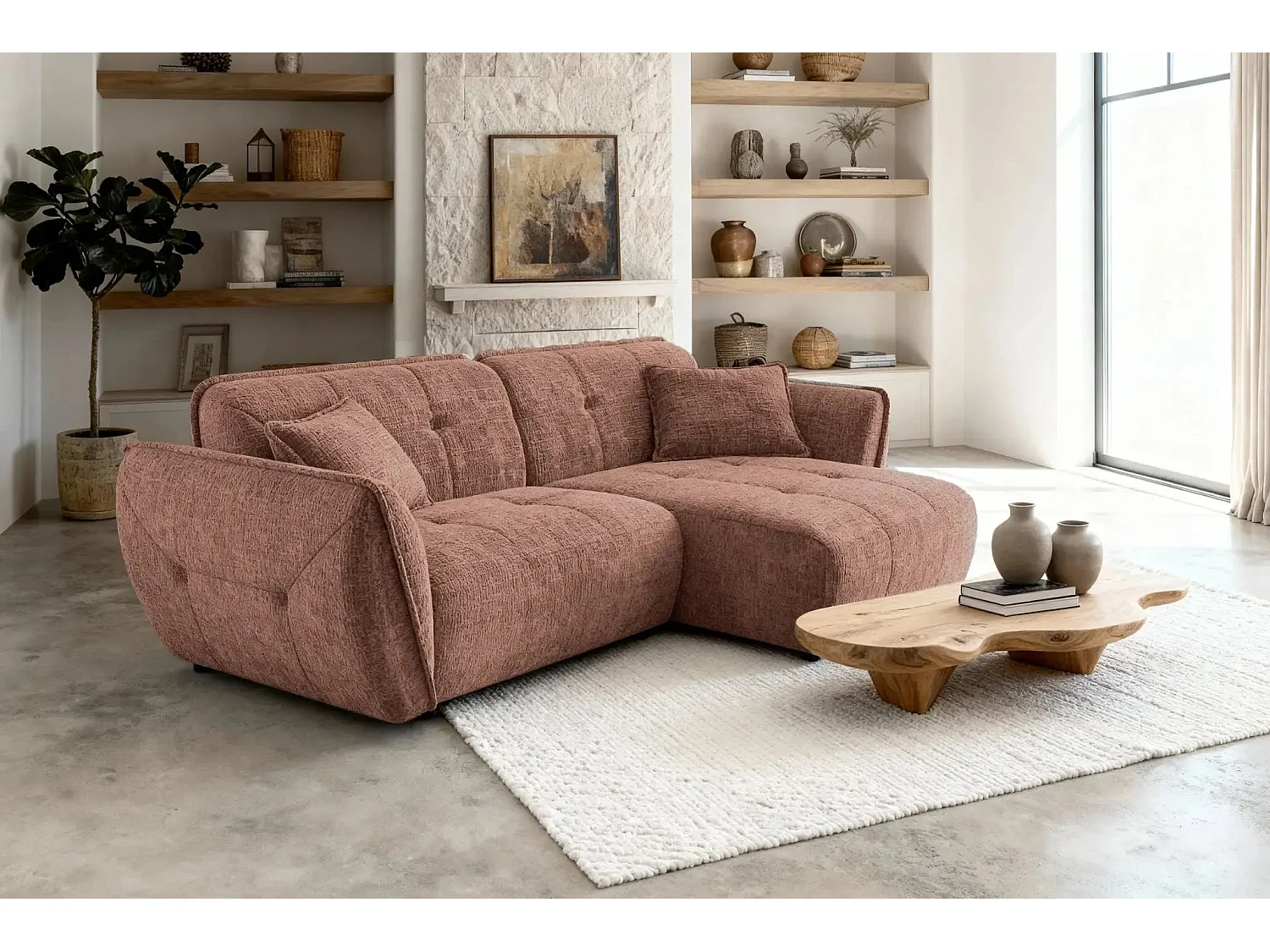 MONA - 4-zits hoekbank in chenille stof - Links - Terracotta