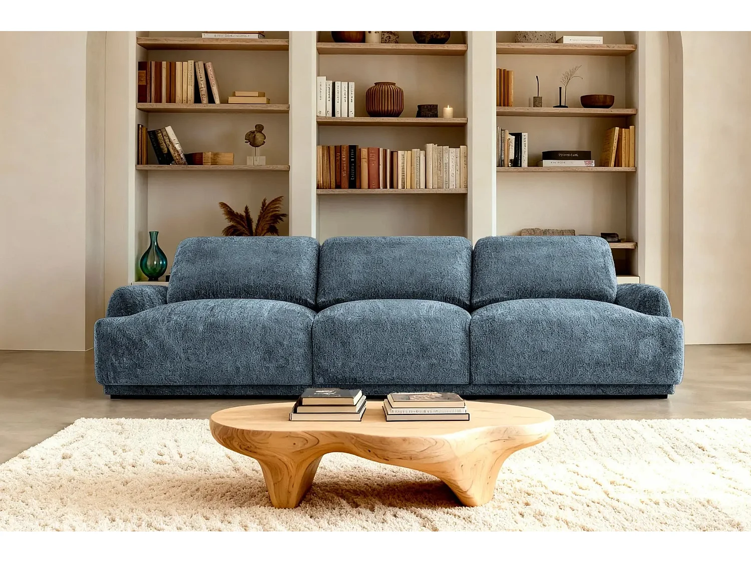 ROSALIE - Canapé droit tissu chenille 3 places Bleu