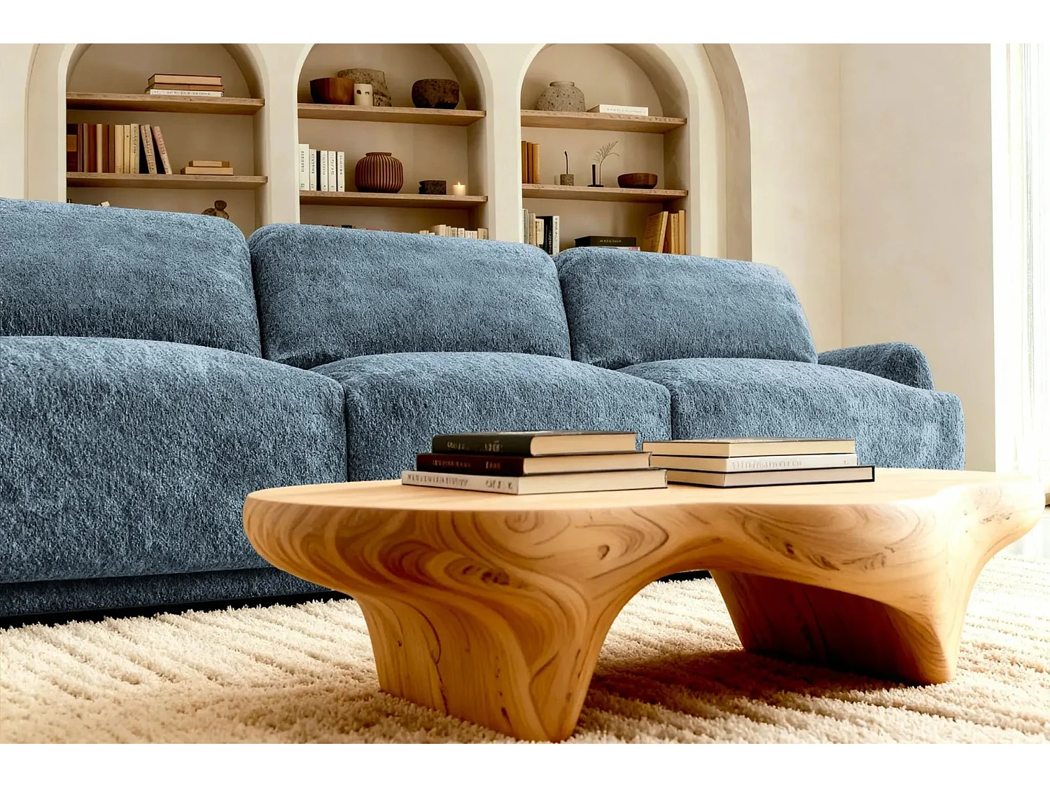 ROSALIE - Canapé droit tissu chenille 3 places Bleu