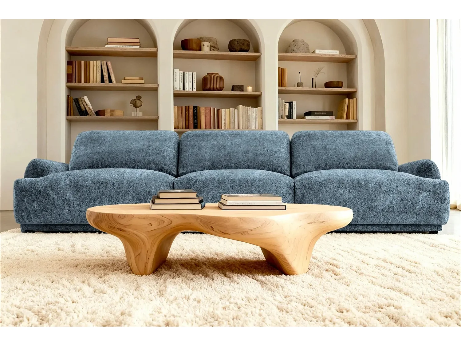 ROSALIE - Canapé droit tissu chenille 3 places Bleu