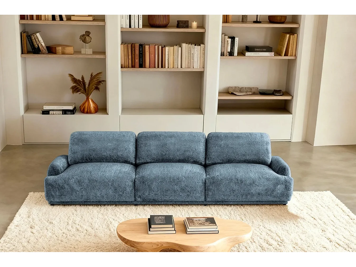 ROSALIE - Canapé droit tissu chenille 3 places Bleu