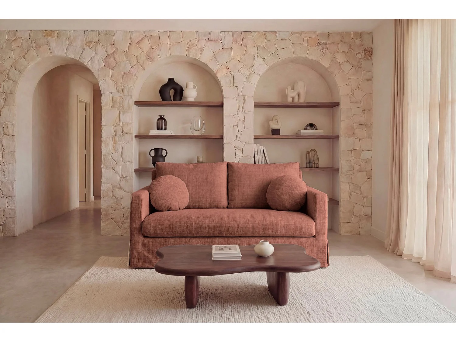 LEONIE - Canapé droit tissu chenille déhoussable 2 places Terracotta