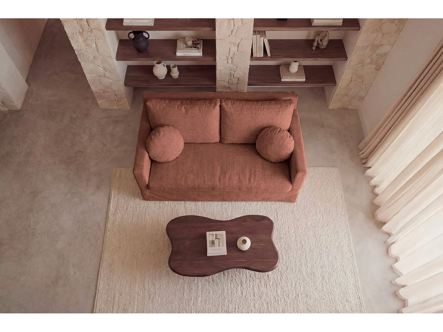 LEONIE - Canapé droit tissu chenille déhoussable 2 places Terracotta