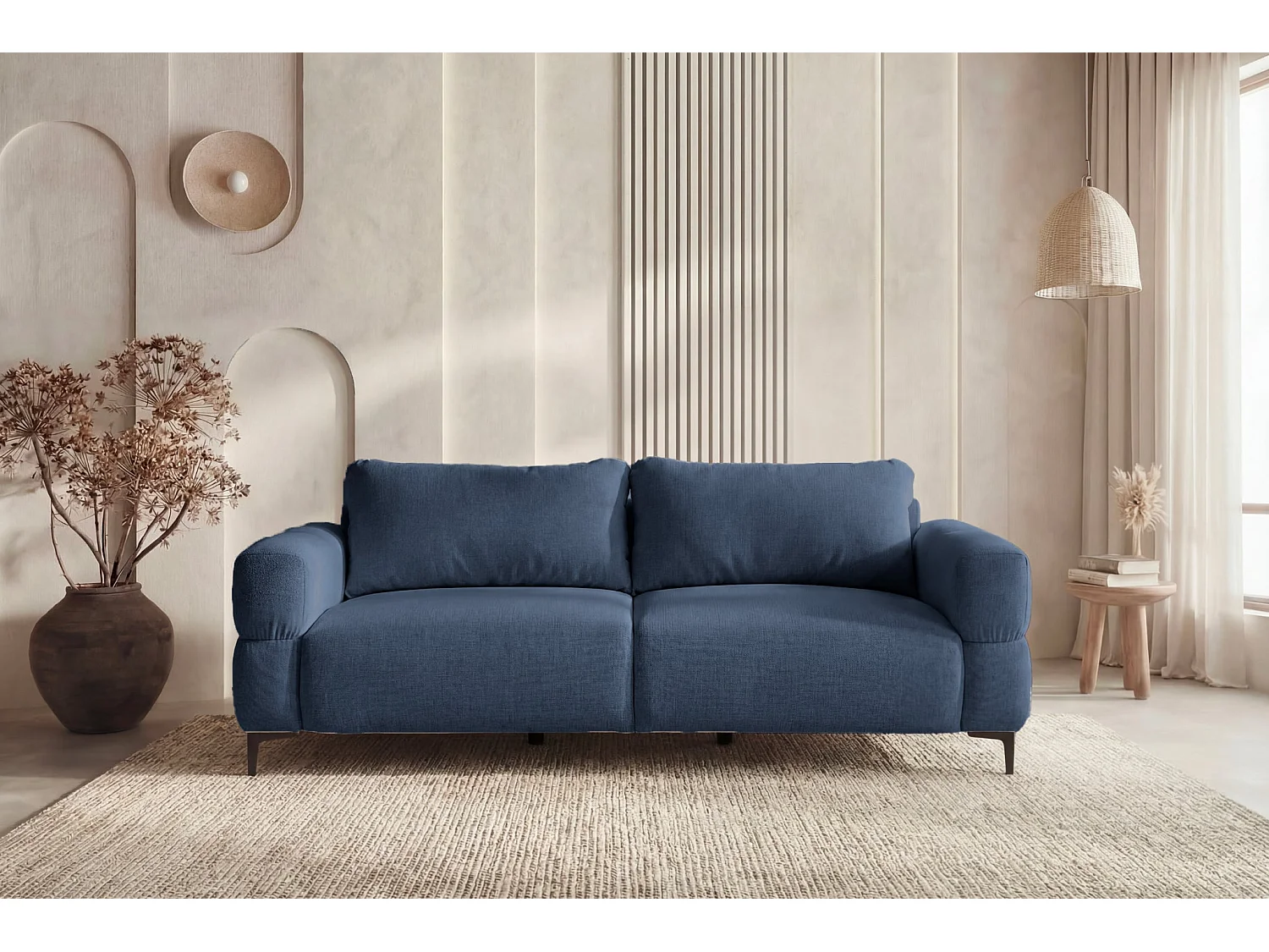 ELTON - Canapé droit tissu lisse 3 places Bleu