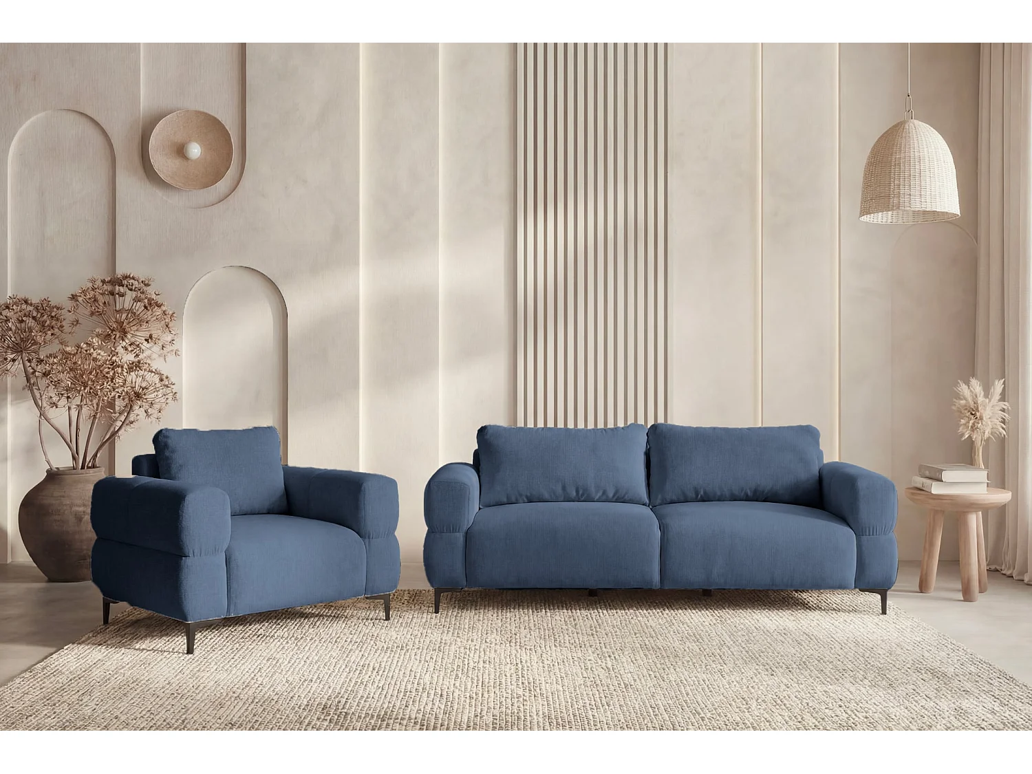 ELTON - Canapé droit tissu lisse 3 places Bleu