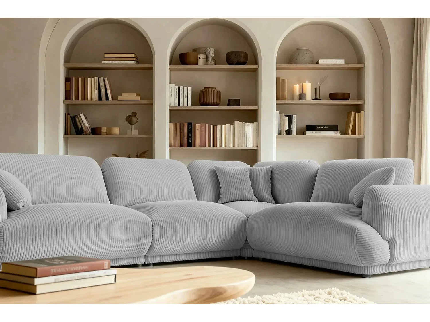 ROSALIE L - Canapé angle modulable petit velours côtelé 4 places Gris clair Gauche