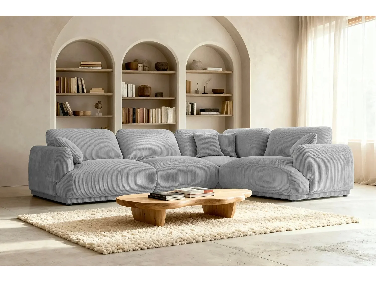 ROSALIE L - Canapé angle modulable petit velours côtelé 4 places Gris clair Gauche