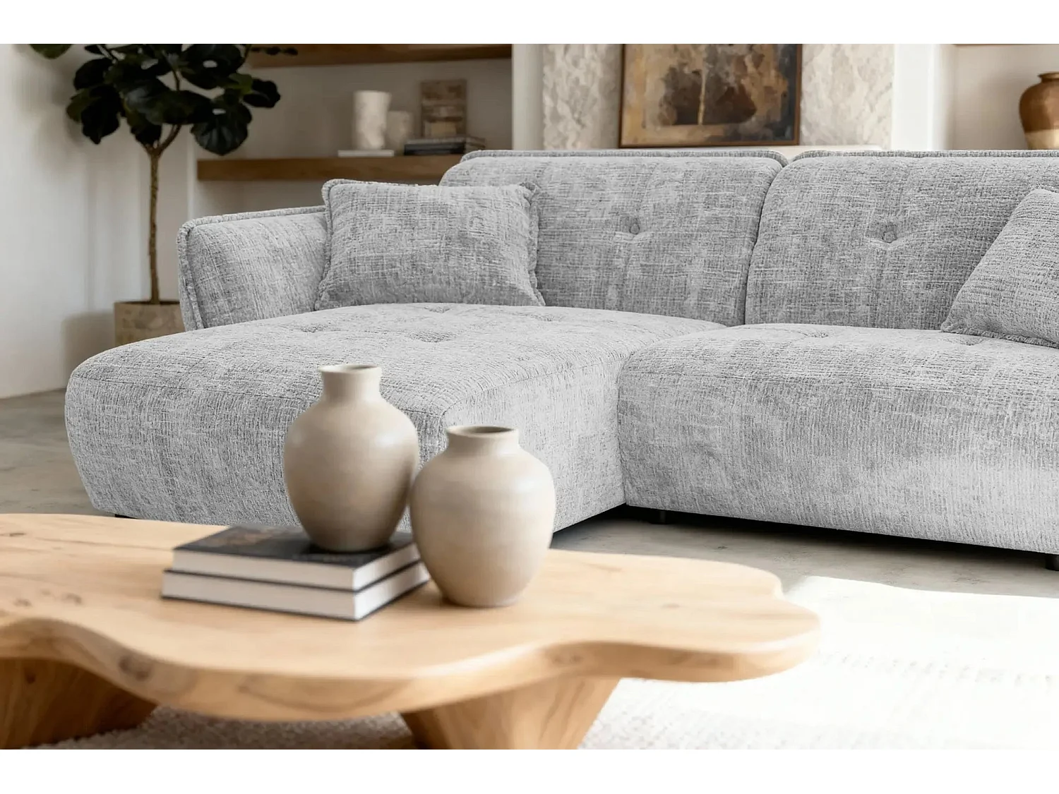 MONA - Canapé d'angle tissu chenille 4 places Gris clair Droit